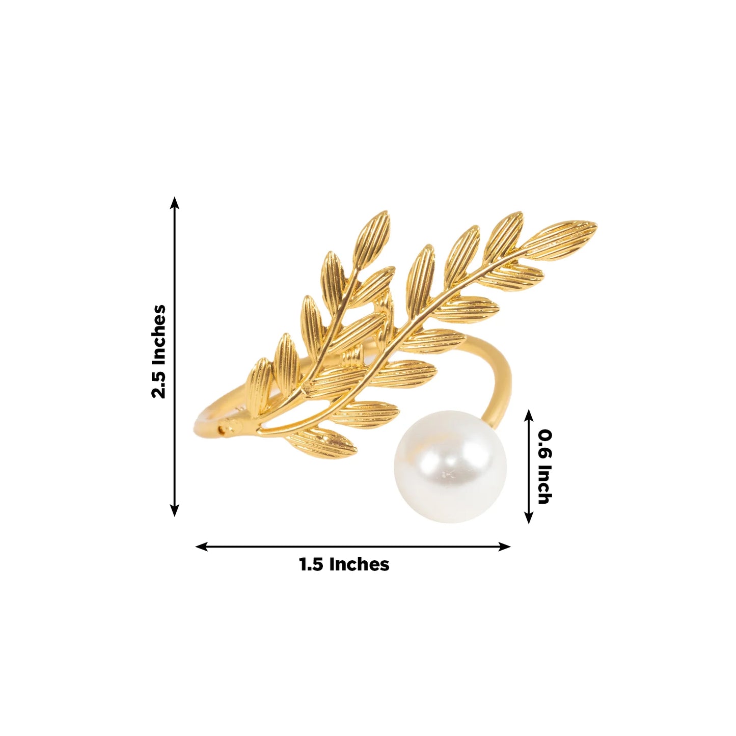 Gold leaf napkin ring with white pearl accent, elegant table décor.