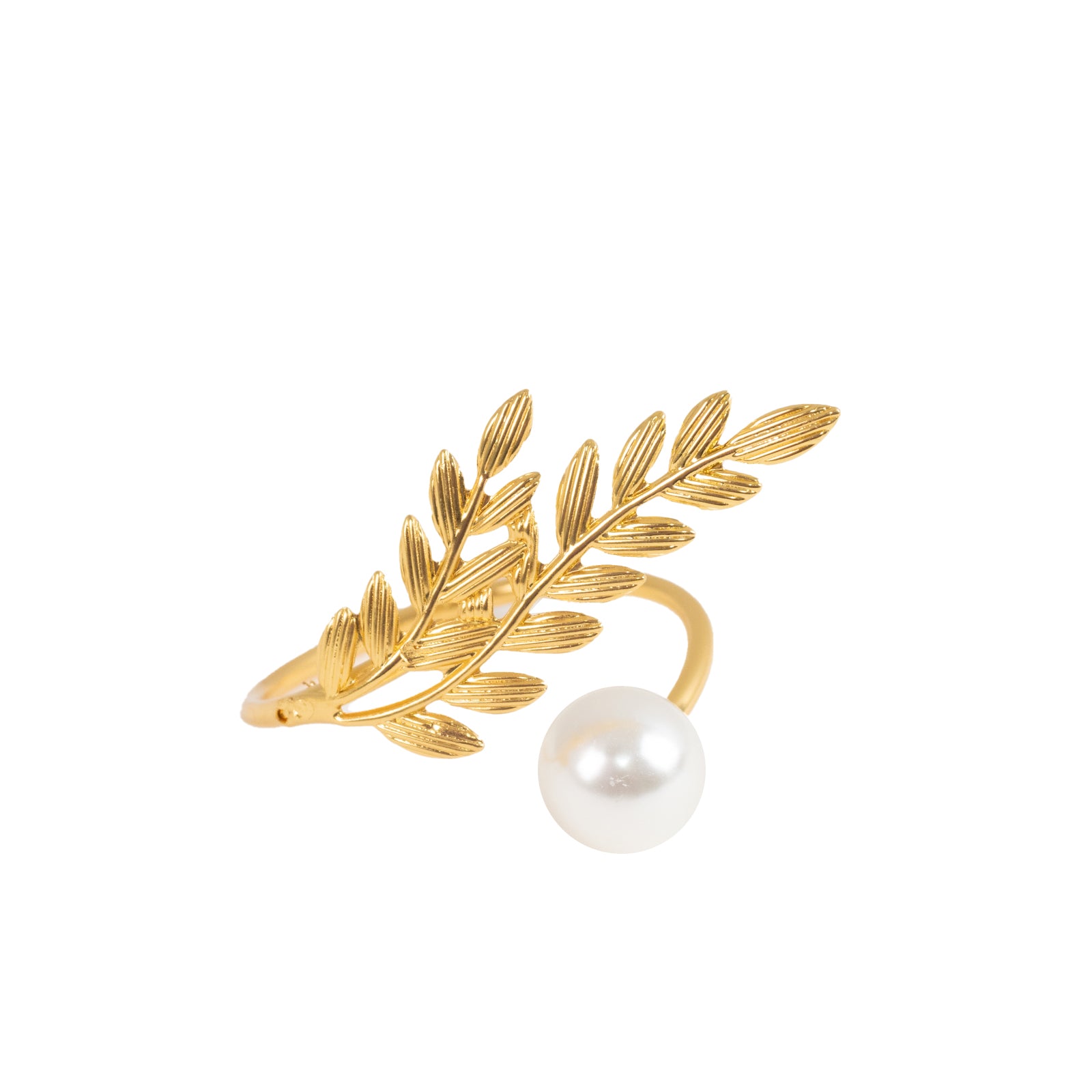Gold leaf napkin ring with white pearl accent for wedding table décor.