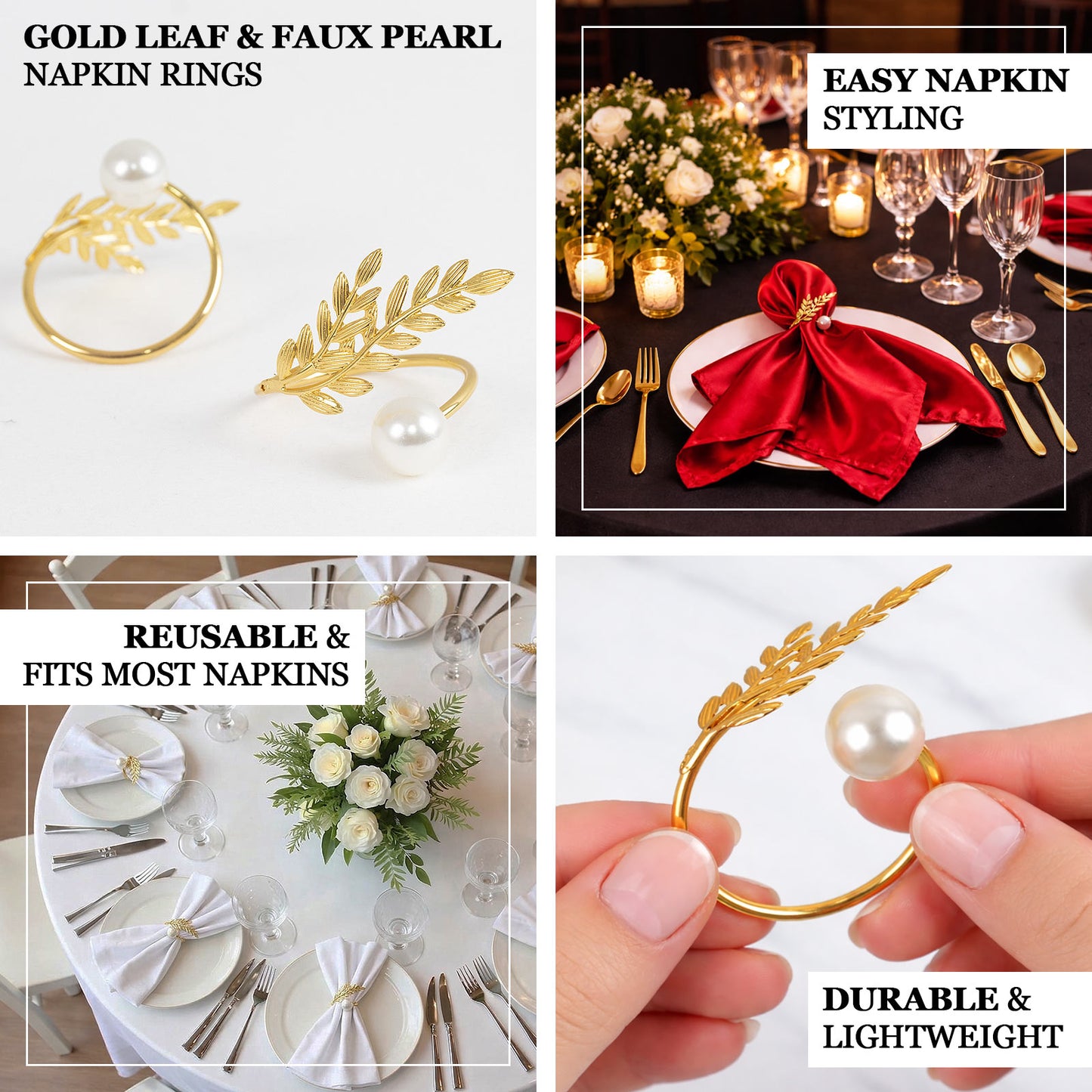 Gold leaf napkin rings with white pearl accent for wedding table décor.