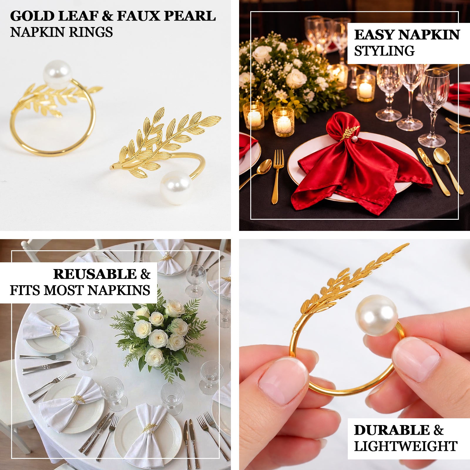 Gold leaf napkin rings with white pearl accent for wedding table décor.