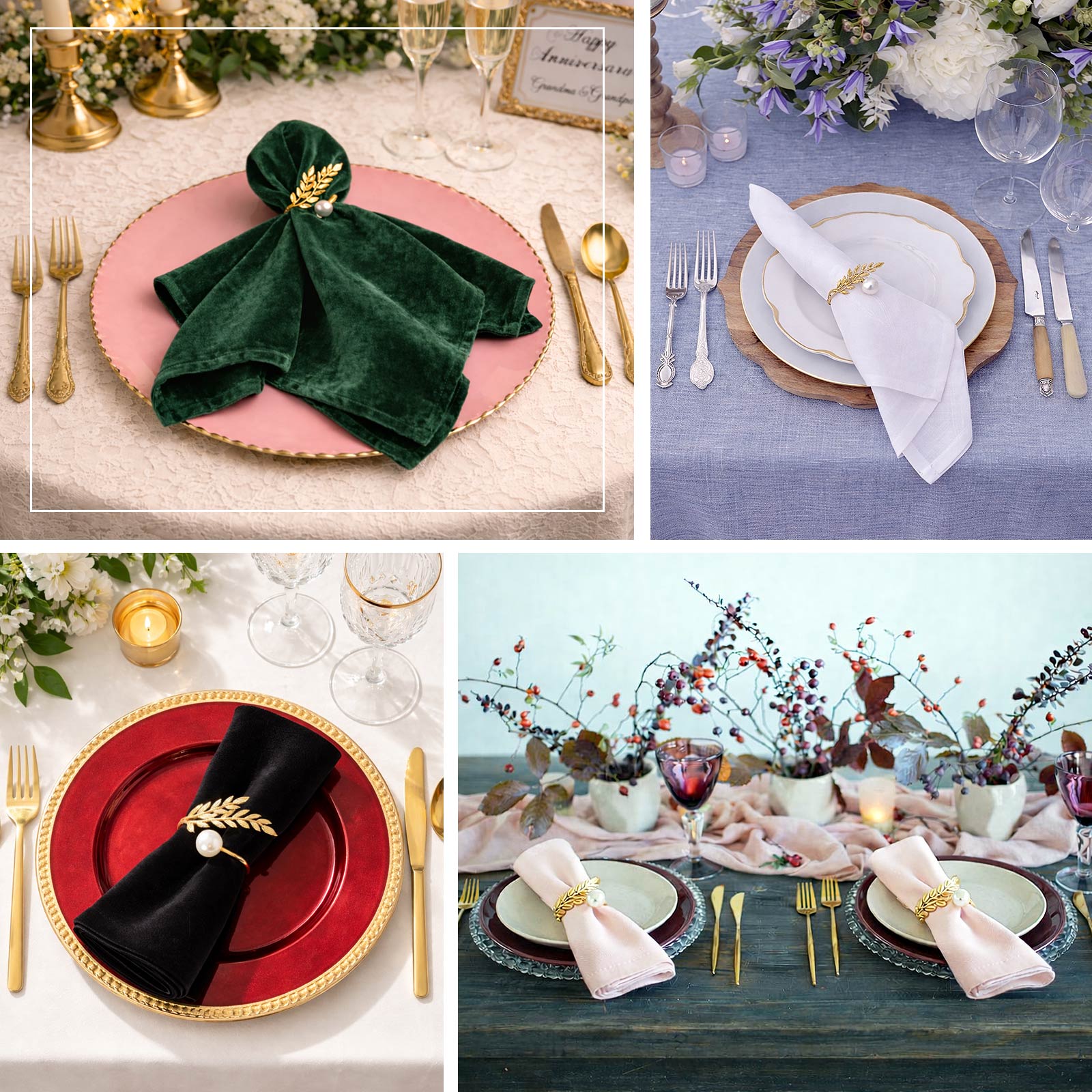 Gold leaf napkin rings with white pearl accent on elegant table setting.