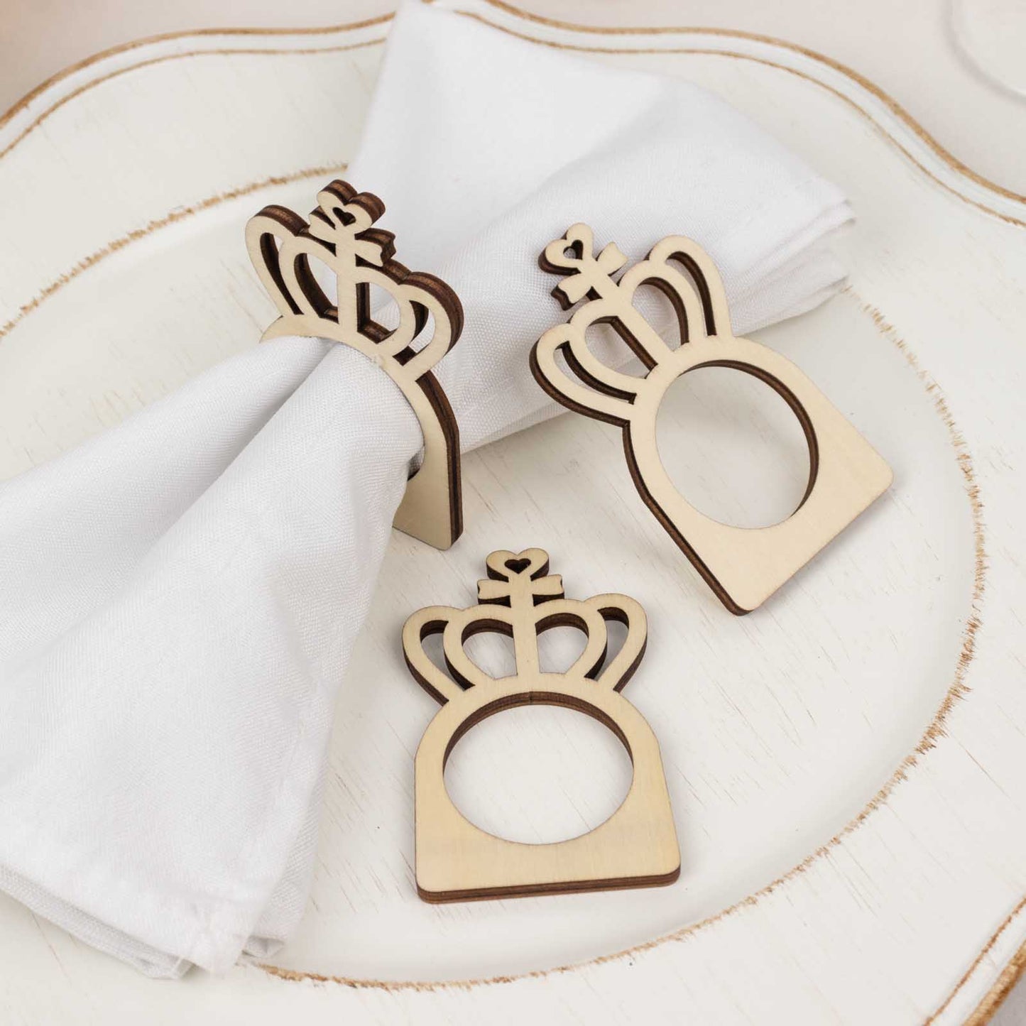 10 Pack Natural Wooden Princess Crown Farmhouse Napkin Holders, 3" Boho Rustic Napkin Rings