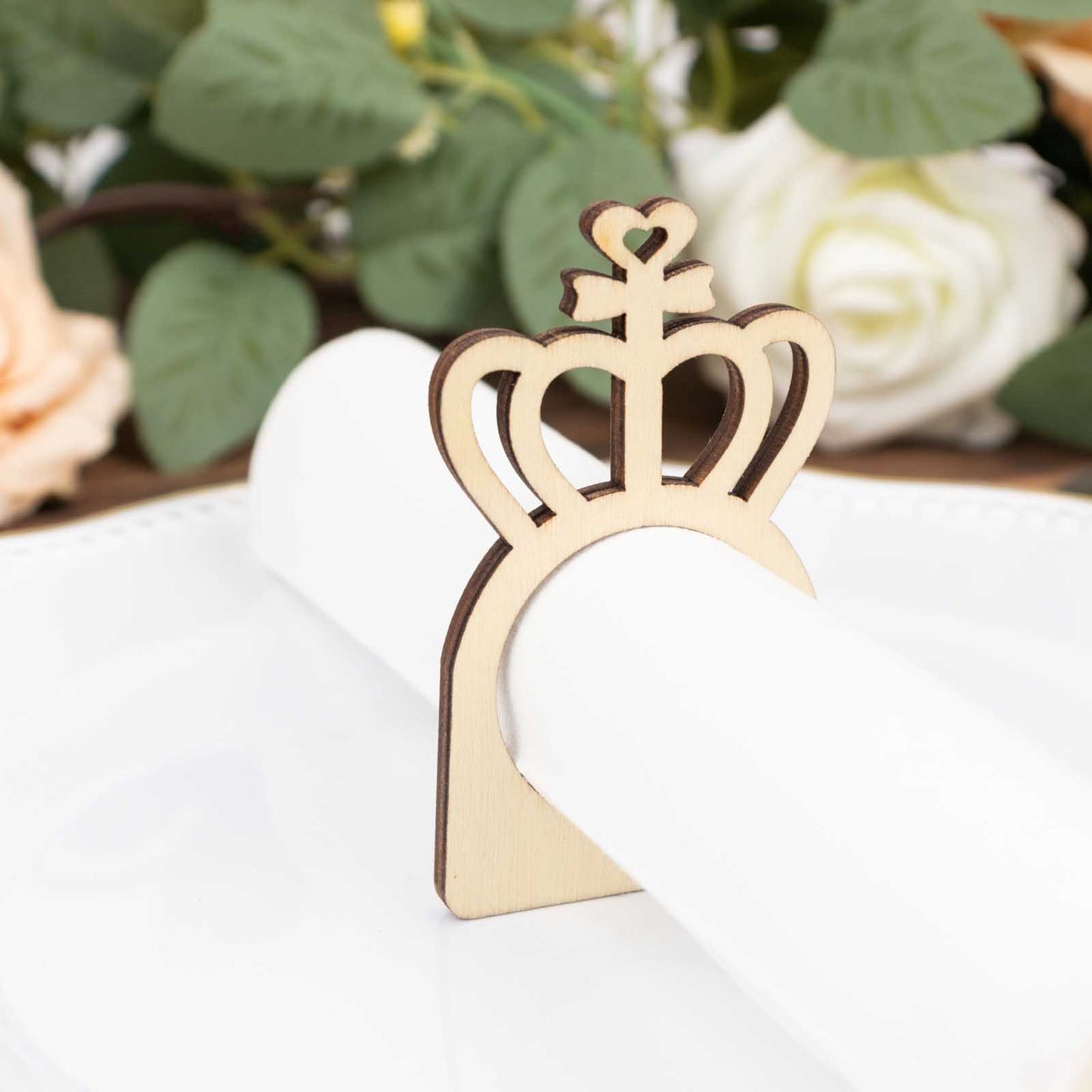 10 Pack Natural Wooden Princess Crown Farmhouse Napkin Holders, 3" Boho Rustic Napkin Rings