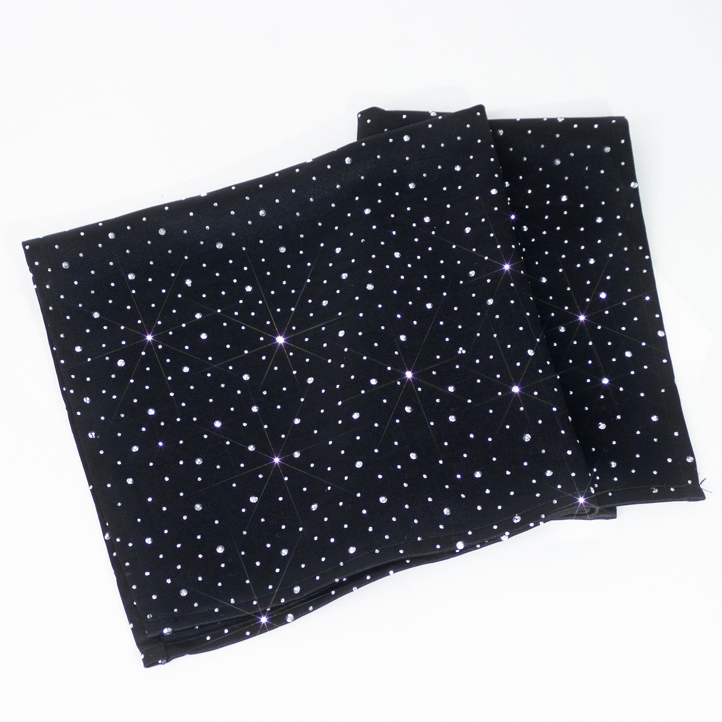 Black scuba polyester napkins with rhinestone accents, 20"x20", wrinkle-free.