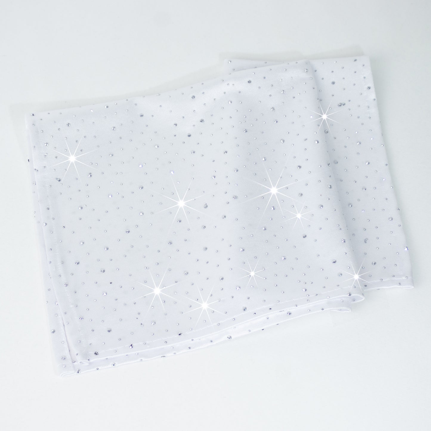 White rhinestone-accented napkins, 20"x20", wrinkle-free and reusable.