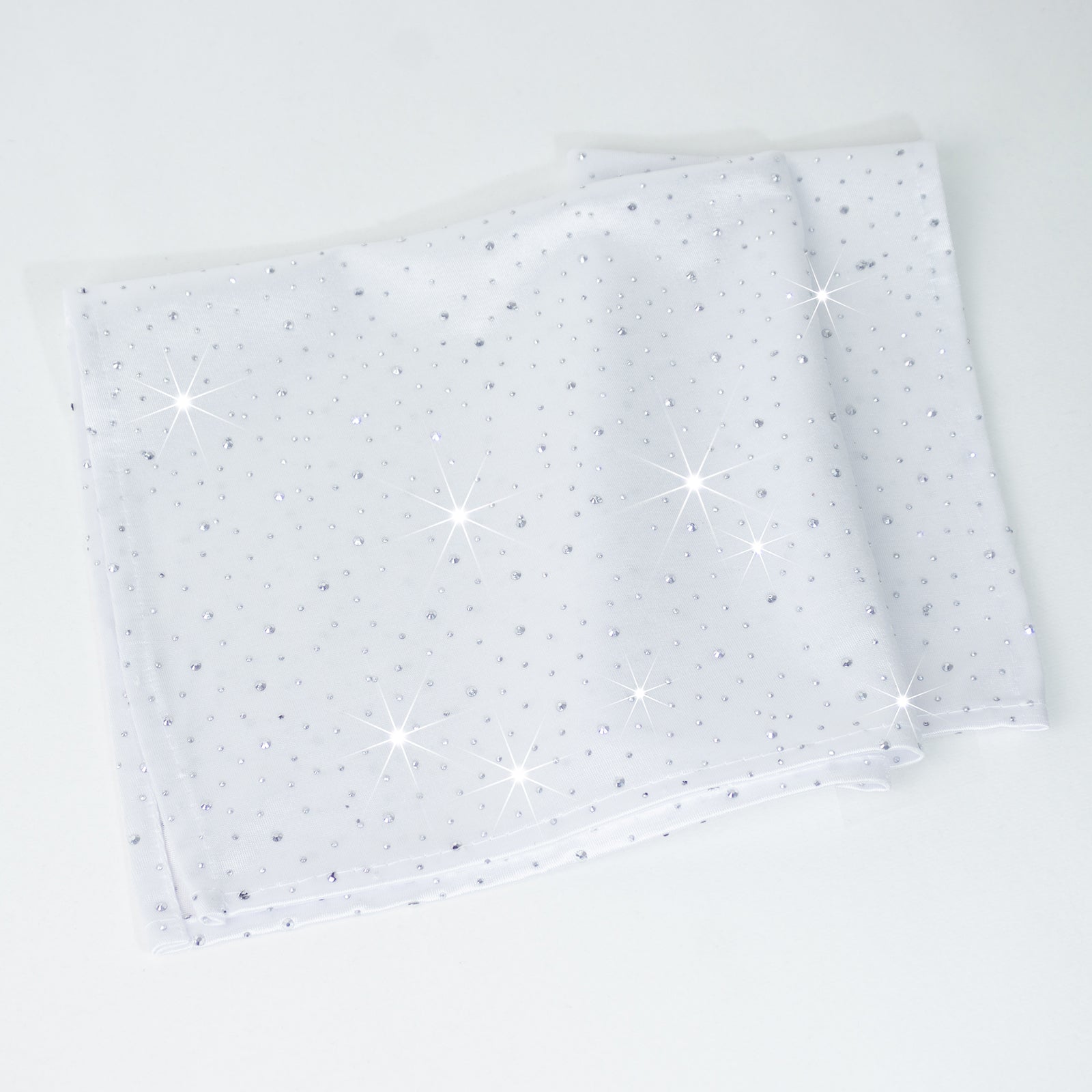 White rhinestone-accented napkins, 20"x20", wrinkle-free and reusable.