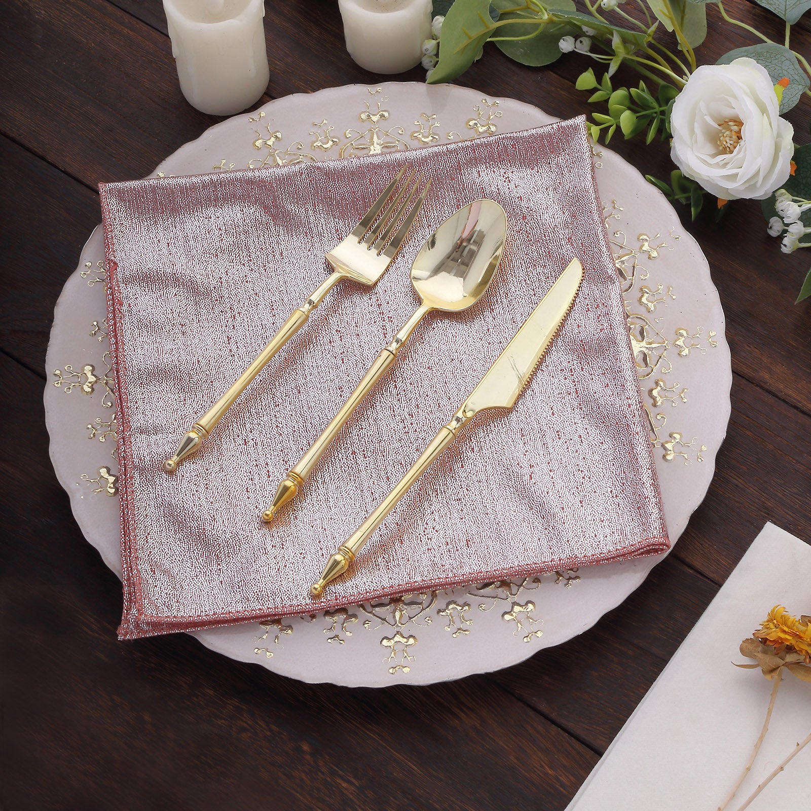 Rose gold shimmer sequin table napkin, reusable 20"x20" dinner cloth.