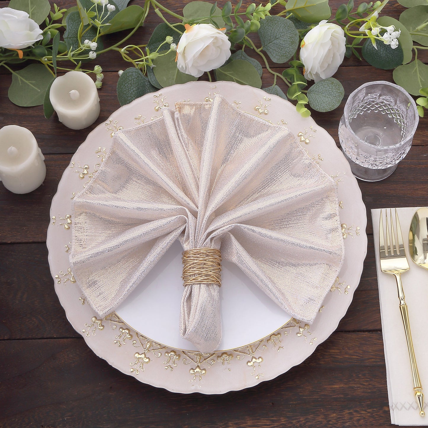 Beige shimmer sequin dots polyester table napkin, reusable and sparkly.