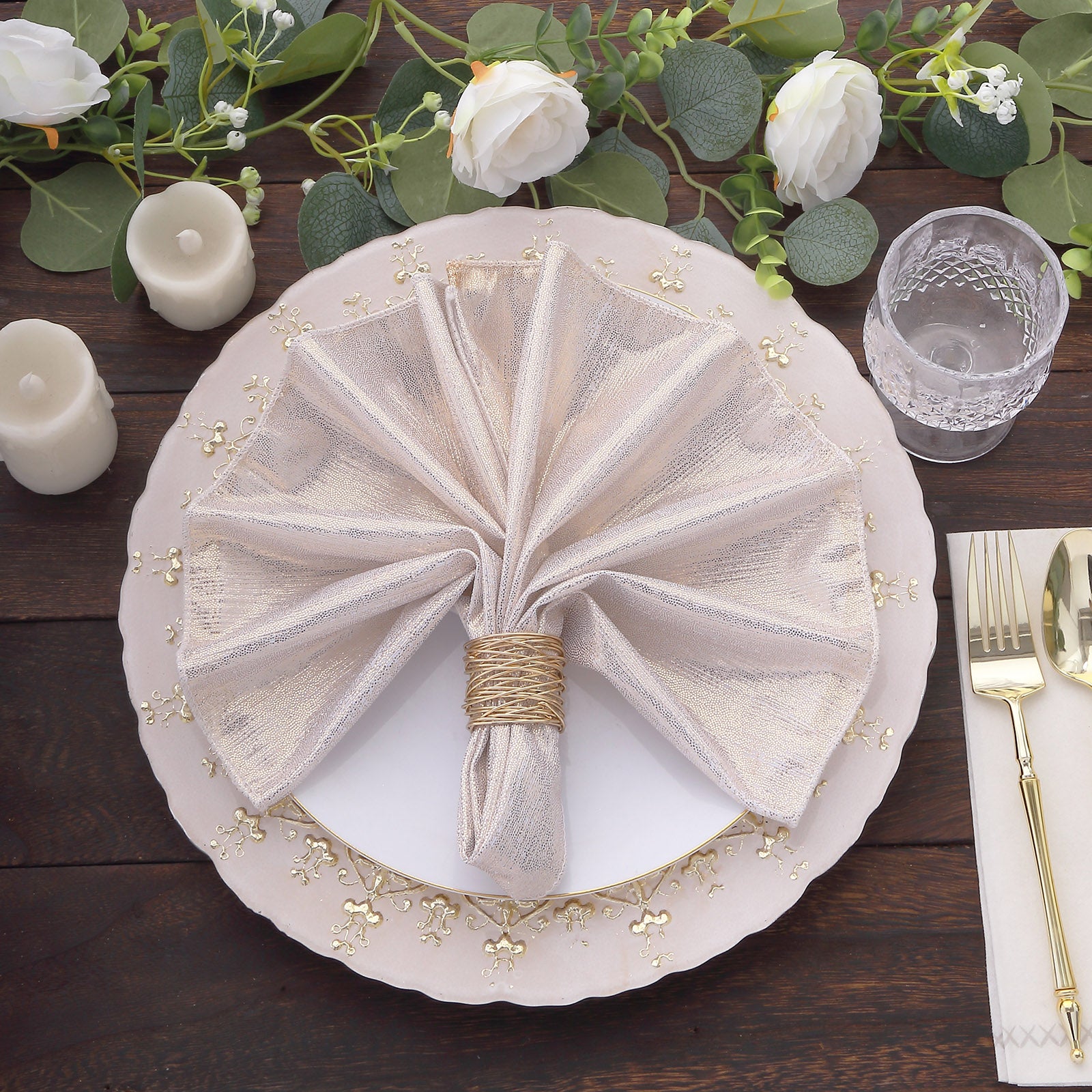 Beige shimmer sequin dots polyester table napkin, reusable and sparkly.