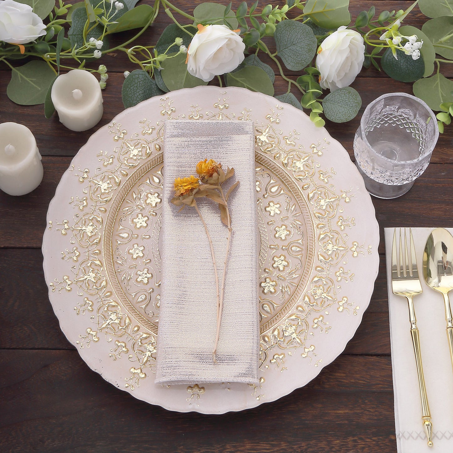 Beige shimmer sequin dot table napkins on a beautifully arranged dinner setting.