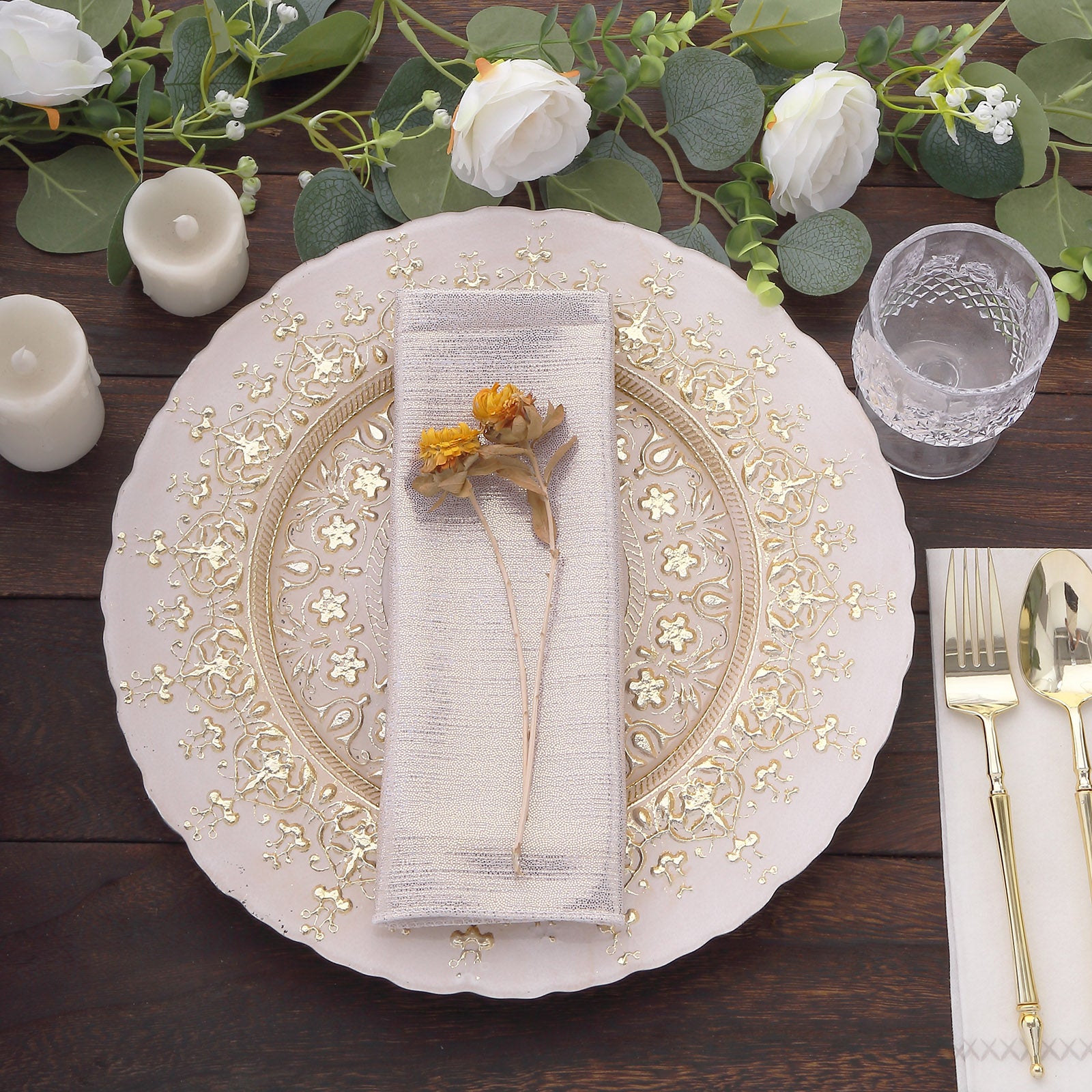 Beige shimmer sequin dot table napkins on a beautifully arranged dinner setting.