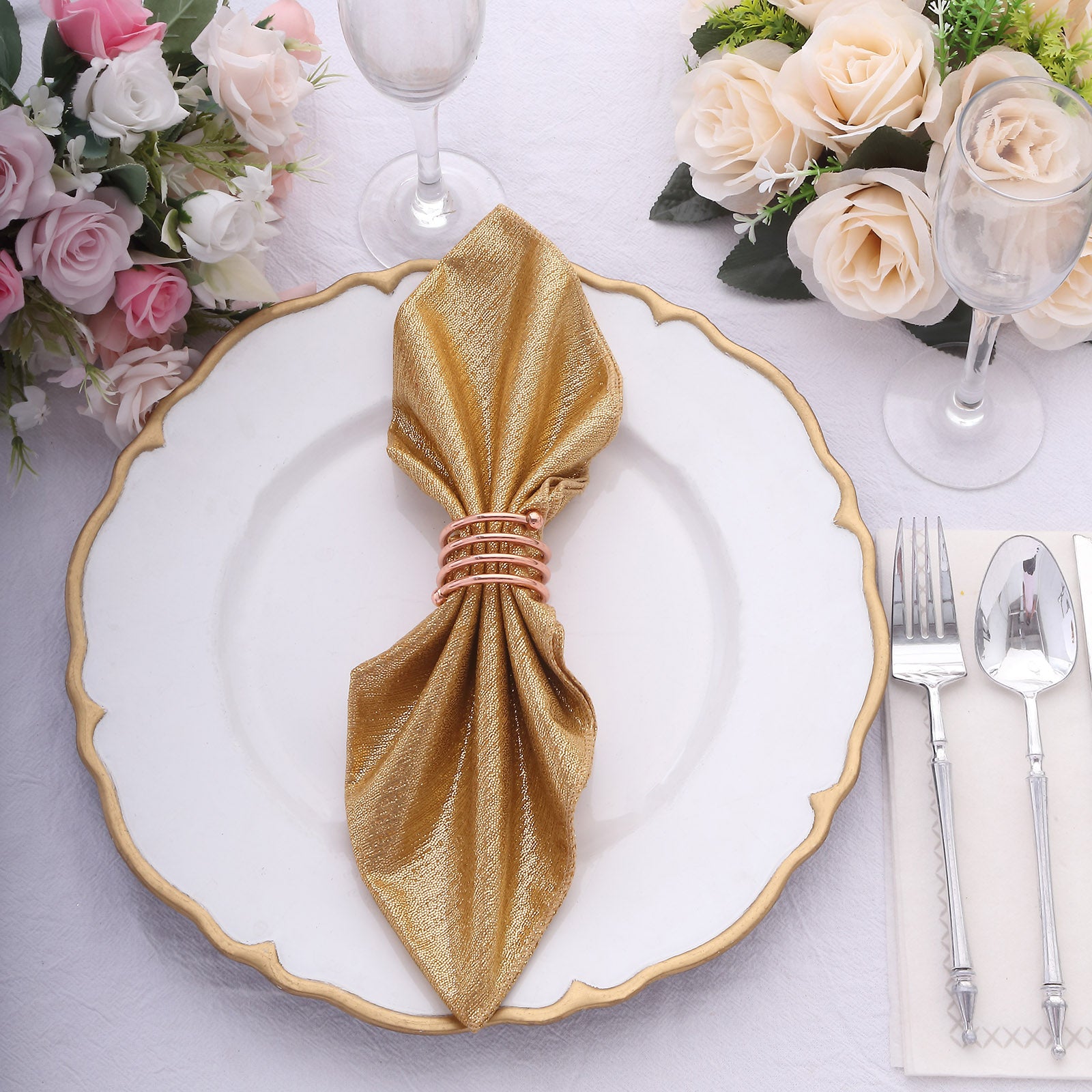 Gold shimmer sequin table napkin, reusable 20"x20", perfect for elegant dining.