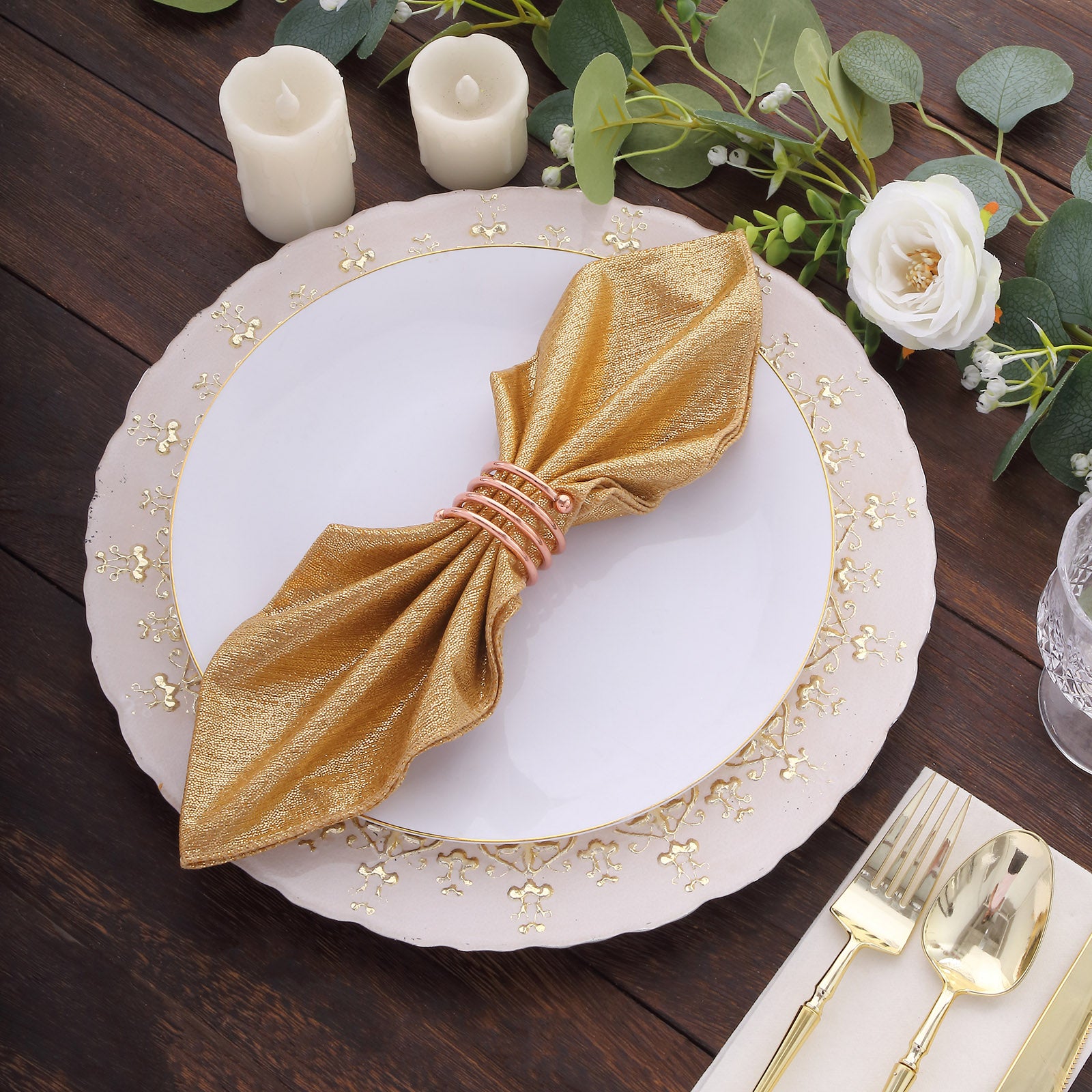 Gold shimmer sequin table napkin, reusable 20"x20", perfect for elegant dining.