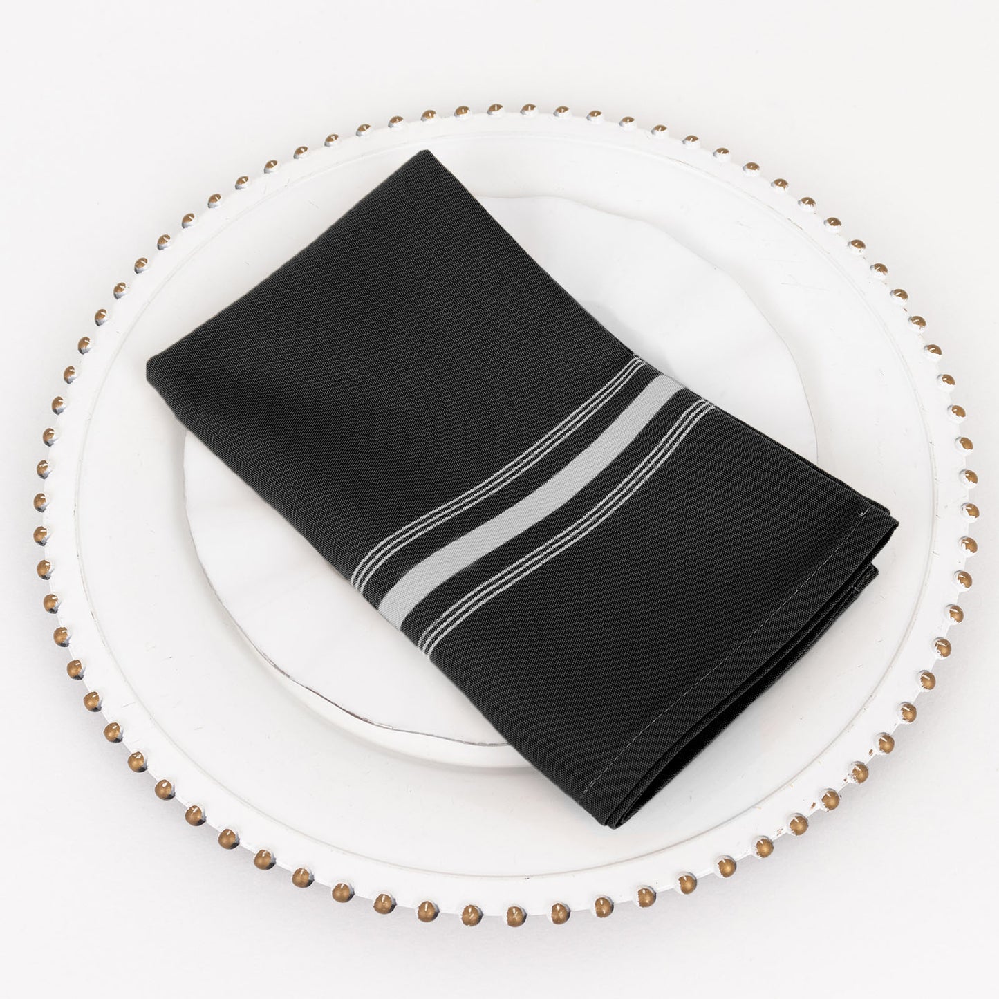 10 Pack Black Spun Polyester Cloth Napkins with White Reverse Stripes, Premium Restaurant Quality Bistro Napkins - 18"x22"