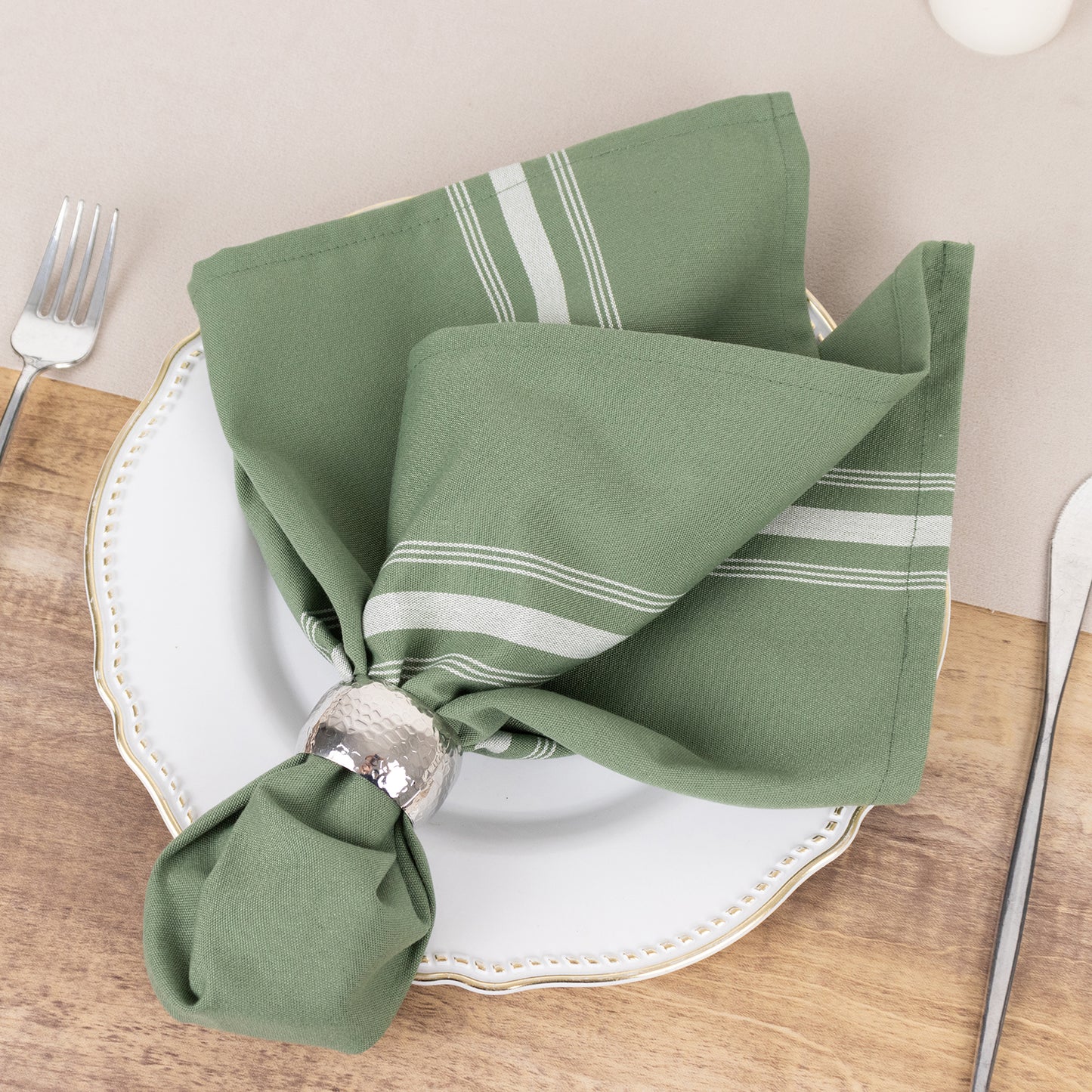 10 Pack Dusty Sage Green Spun Polyester Cloth Napkins with White Reverse Stripes, Premium Restaurant Quality Bistro Napkins - 18"x22"