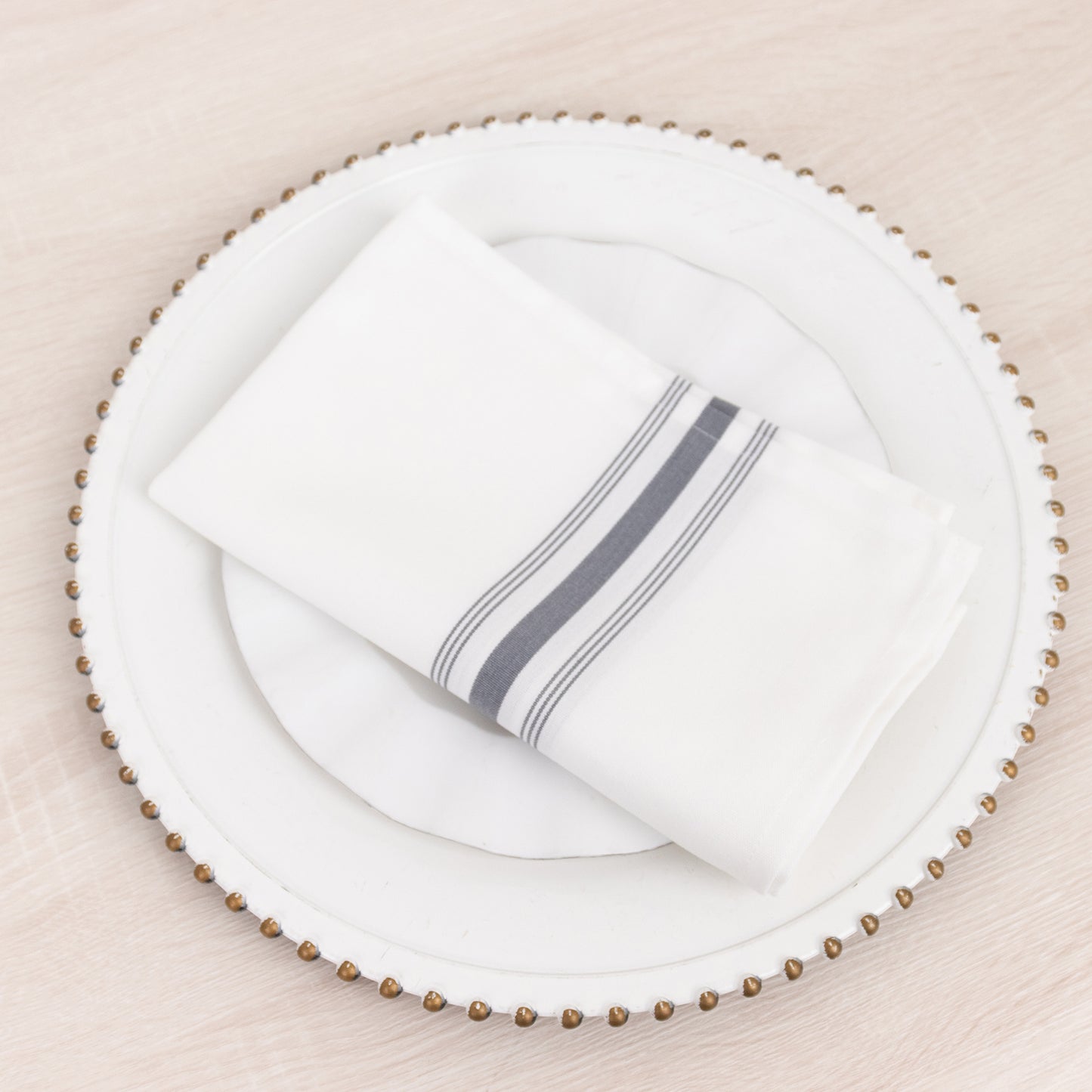 10 Pack White Spun Polyester Cloth Napkins with Gray Reverse Stripes, Premium Restaurant Quality Bistro Napkins - 18"x22"