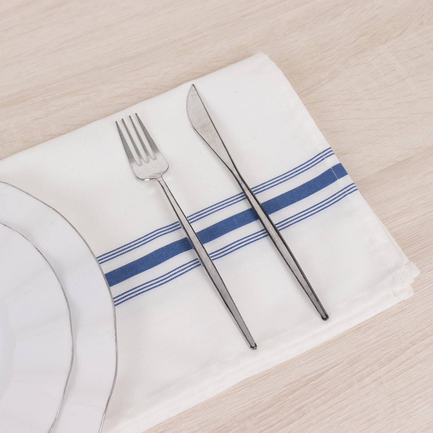 10 Pack White Spun Polyester Cloth Napkins with Blue Reverse Stripes, Premium Restaurant Quality Bistro Napkins - 18"x22"