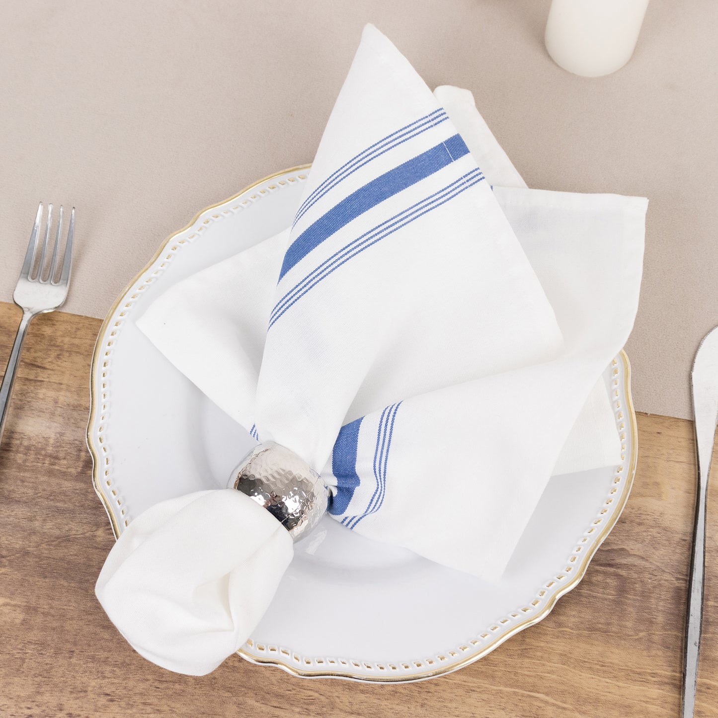 10 Pack White Spun Polyester Cloth Napkins with Blue Reverse Stripes, Premium Restaurant Quality Bistro Napkins - 18"x22"