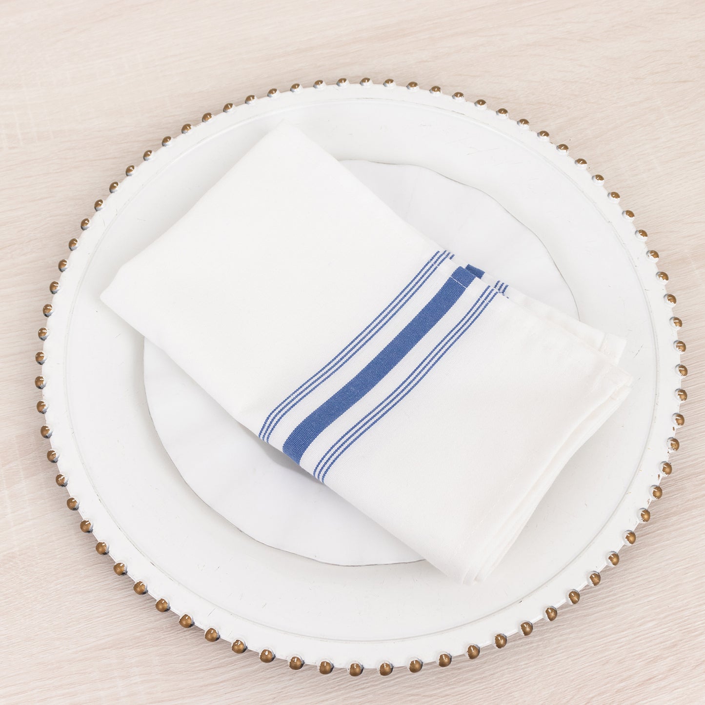 10 Pack White Spun Polyester Cloth Napkins with Blue Reverse Stripes, Premium Restaurant Quality Bistro Napkins - 18"x22"