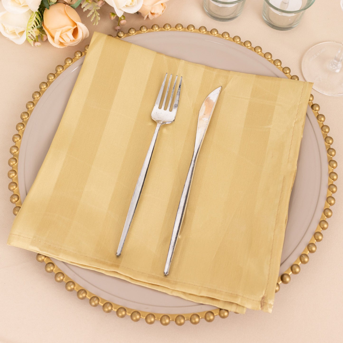 Champagne satin linen napkin, wrinkle-free, reusable, 20"x20" for weddings.
