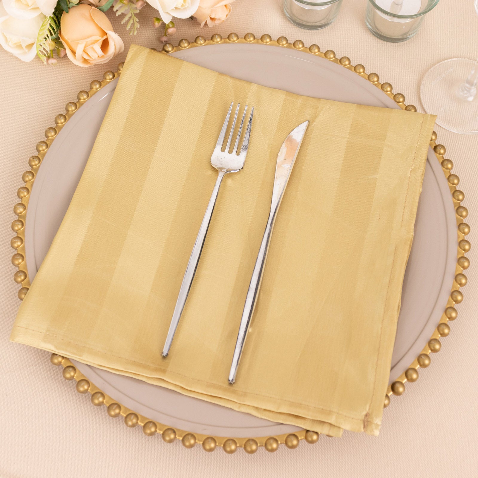 Champagne satin linen napkin, wrinkle-free, reusable, 20"x20" for weddings.