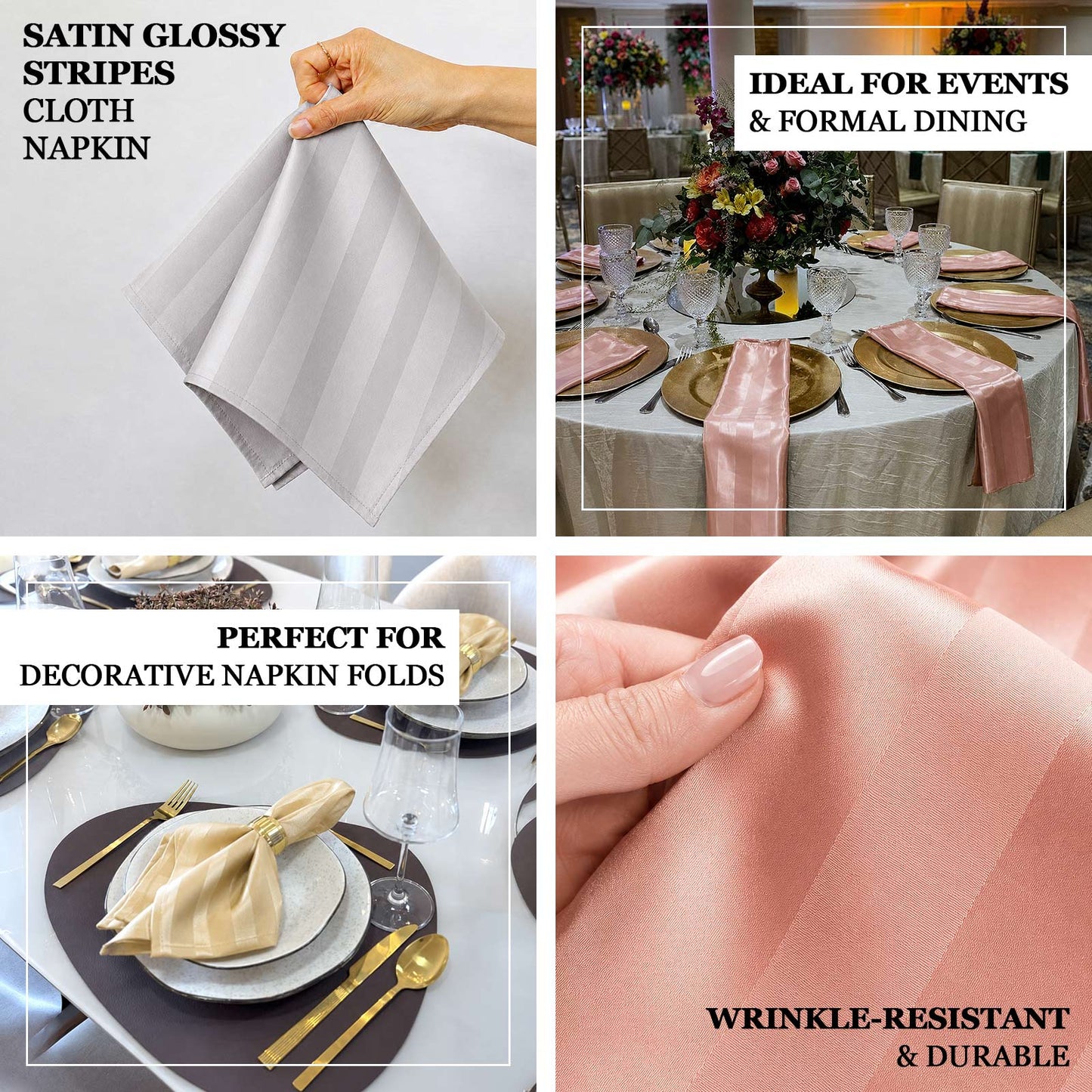 5 Pack Champagne Striped Satin Linen Napkins, Wrinkle-Free Reusable Wedding Napkins - 20"x20"