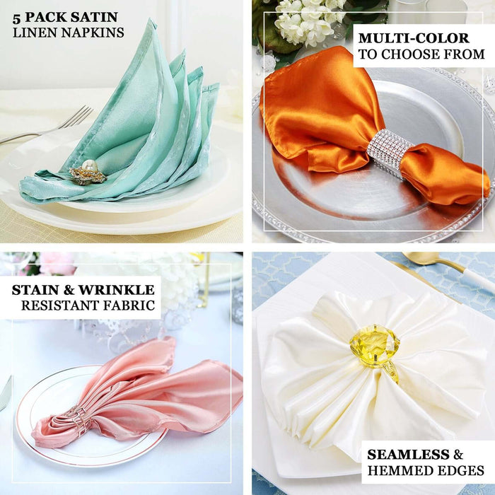 5 Pack Peacock Teal Satin Cloth Napkins with Hemmed Edges, Reusable Dinner Napkins - 20"x20"