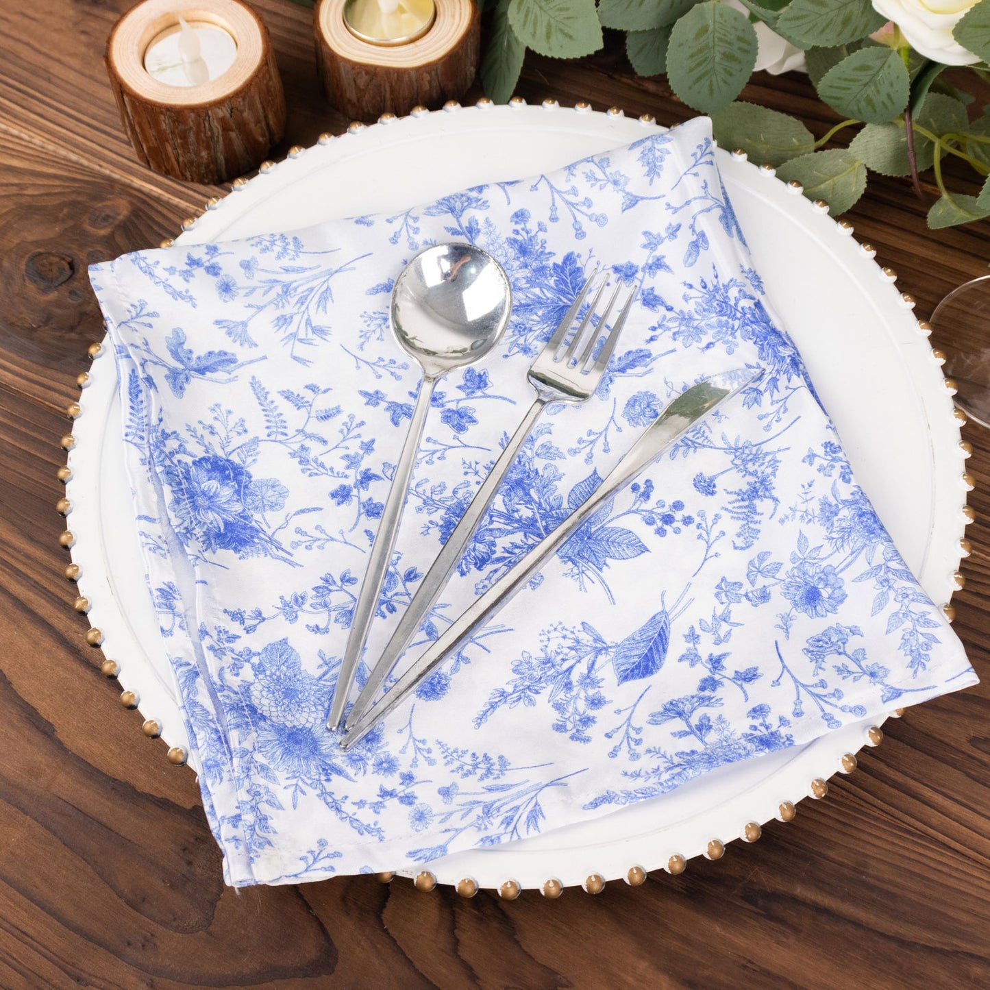 5 Pack White Blue Satin Cloth Dinner Napkins in French Toile Floral Pattern, Wrinkle Resistant Table Napkins - 20"x20"