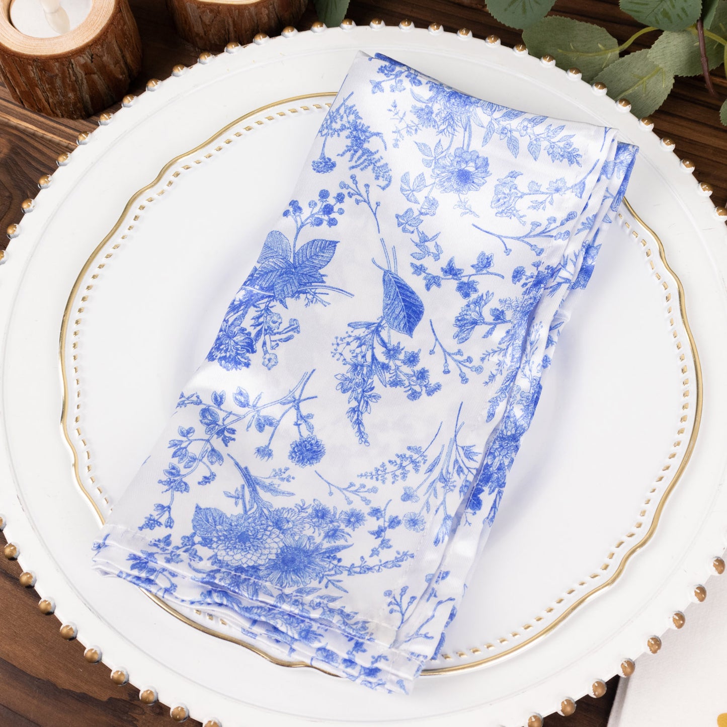 5 Pack White Blue Satin Cloth Dinner Napkins in French Toile Floral Pattern, Wrinkle Resistant Table Napkins - 20"x20"