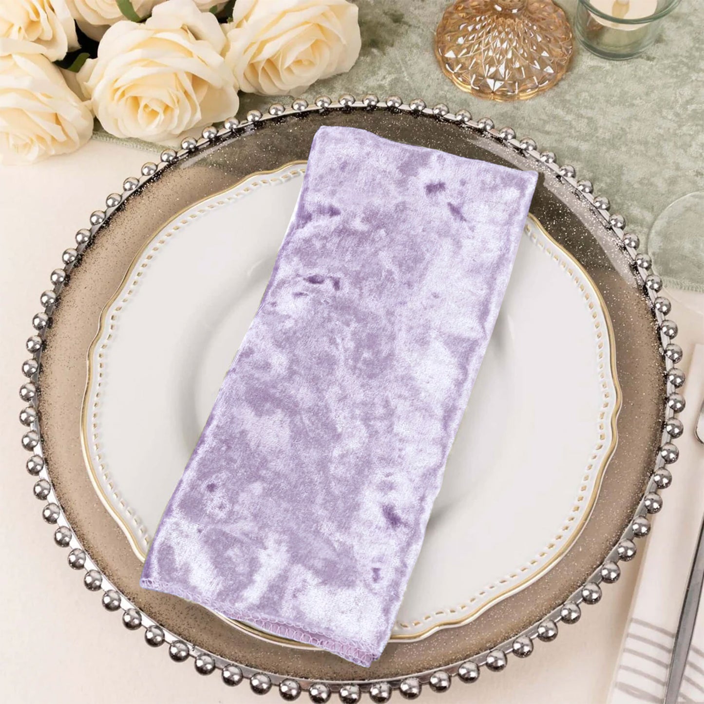 5 Pack Premium Crushed Velvet 20"x20" Napkins Lavender Lilac - Rich & Textured Finish Dinner Napkins