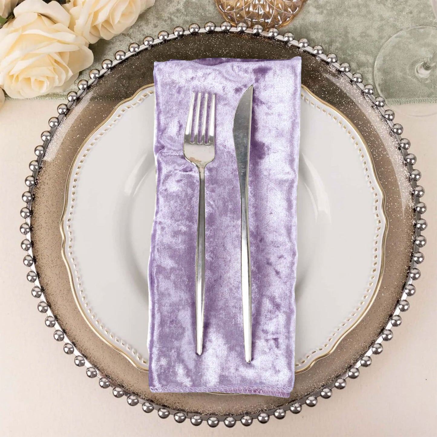 5 Pack Premium Crushed Velvet 20"x20" Napkins Lavender Lilac - Rich & Textured Finish Dinner Napkins