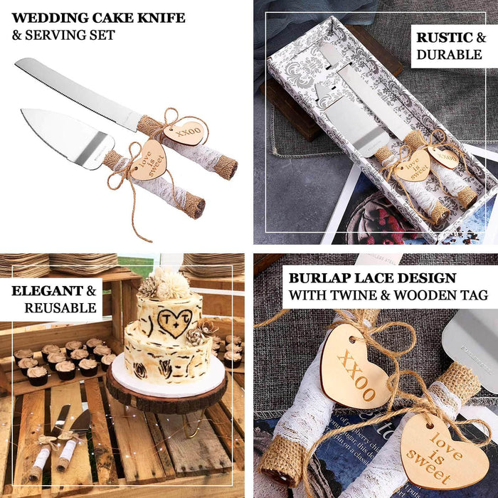Natural Rustic Burlap Lace Wedding Cake Knife Server Souvenir Set, Stainless Steel Gift Server Set Pre-Packed with White Gift Box and Heart Tags