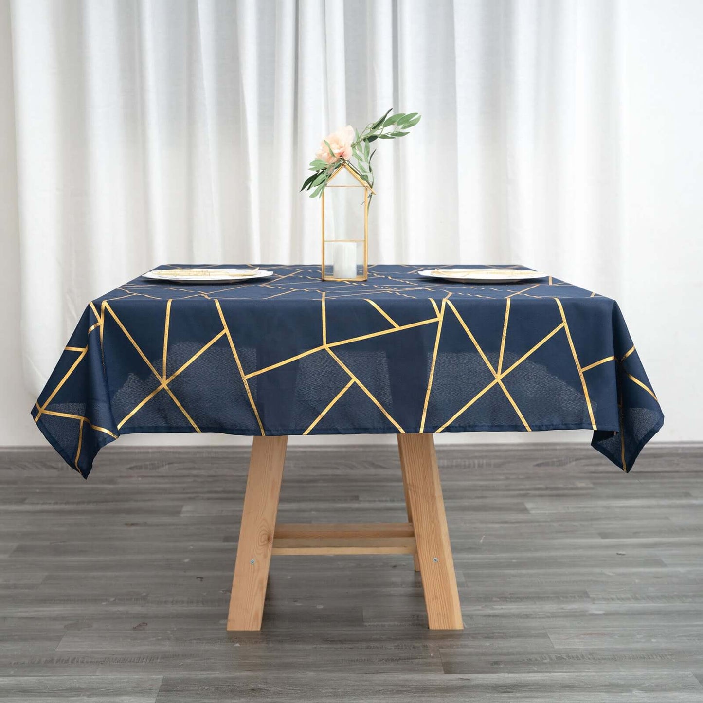 54"x54" Navy Blue Polyester Square Tablecloth With Gold Foil Geometric Pattern