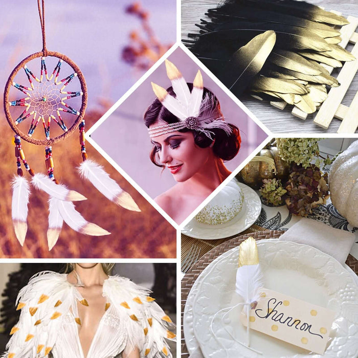 Metallic gold dipped white goose feathers for party decoration.