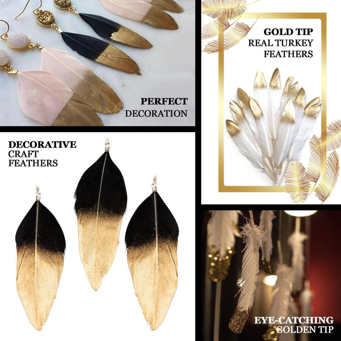 Metallic gold tip dual tone craft feathers in blush and white for decoration.