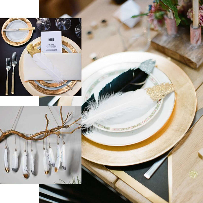 Metallic gold tip dual tone blush white craft feathers for party decoration.