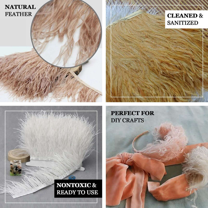 Natural ostrich feather fringe trim with satin ribbon tape in beige. Perfect for DIY crafts.