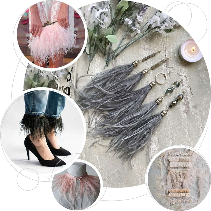 White ostrich feather fringe trim with satin ribbon tape.
