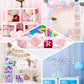 Iridescent alphabet stickers in various decor settings for celebrations.