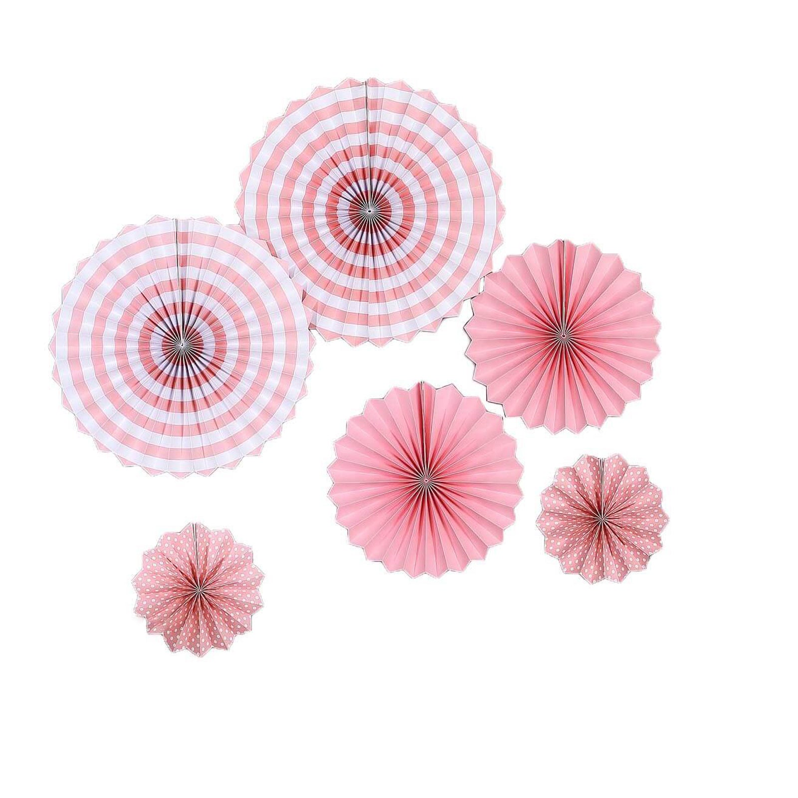 Pink hanging paper fan decorations set of 6 for party backdrop.