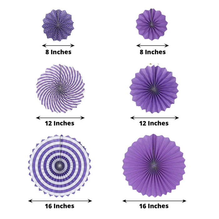 Purple hanging paper fan decorations in various sizes for party backdrop.