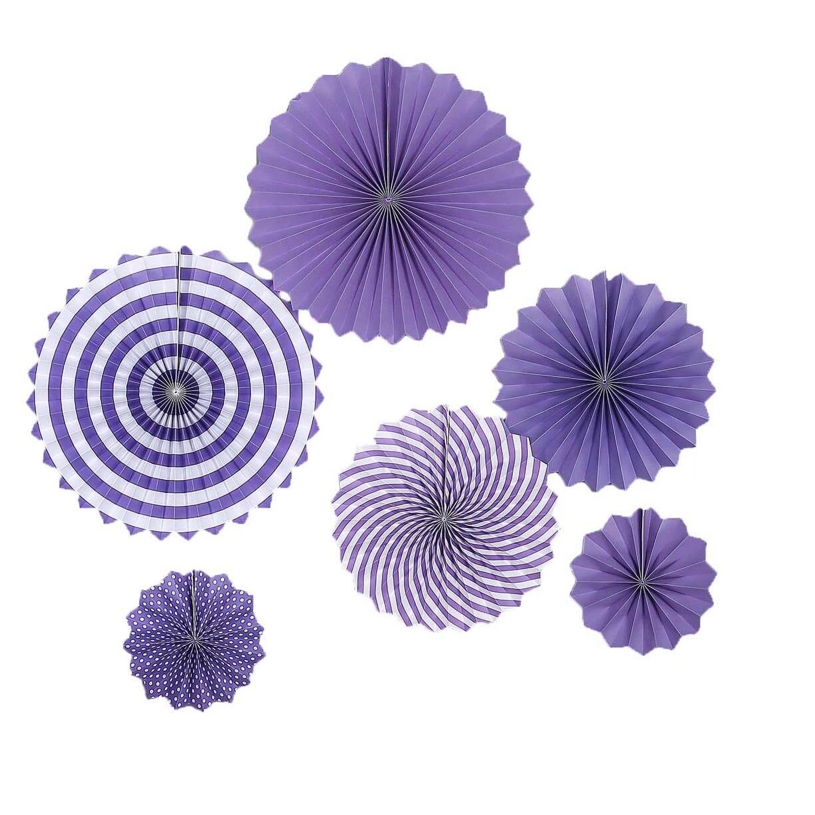 Purple hanging paper fan decorations set of 6 for parties.