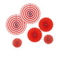 Red hanging paper fan decorations in assorted sizes for party backdrop.