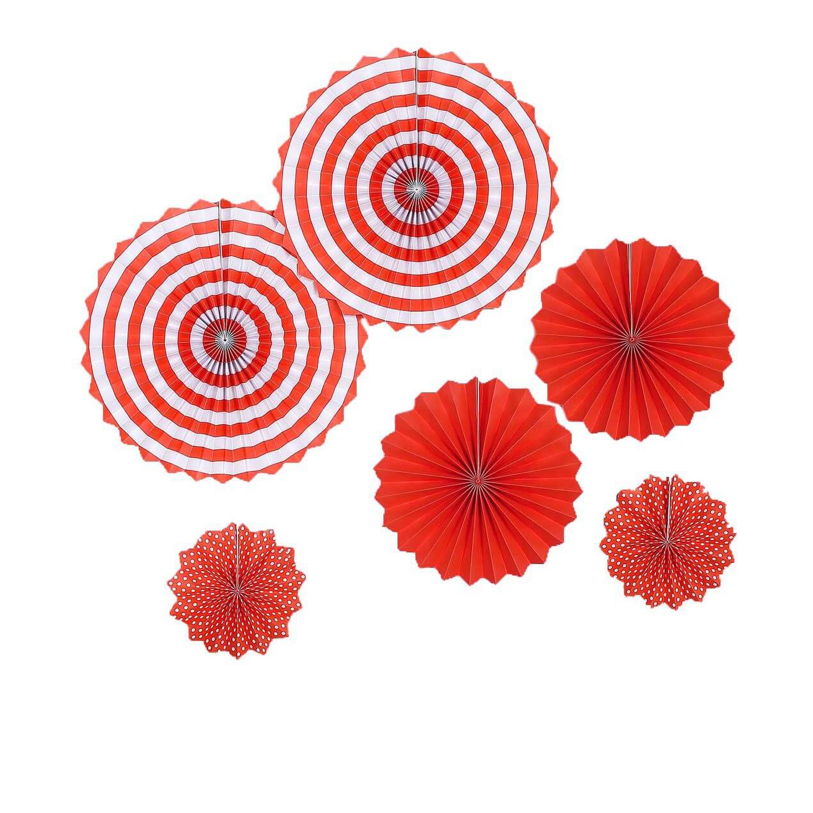 Red hanging paper fan decorations in assorted sizes for party backdrop.