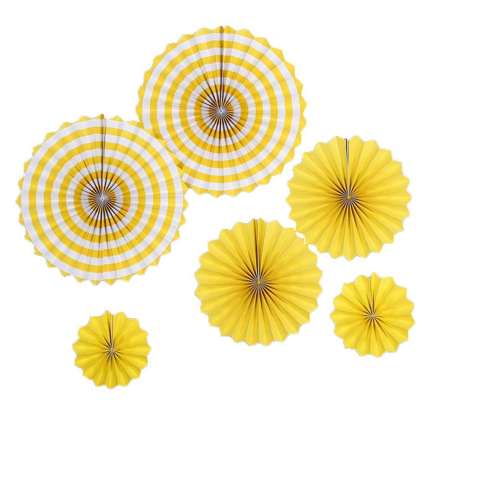 Yellow hanging paper fan decorations set for parties, featuring various sizes.