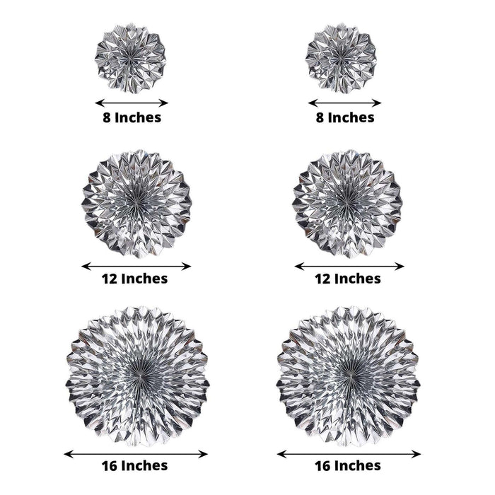 Metallic silver hanging paper fan decorations in various sizes.