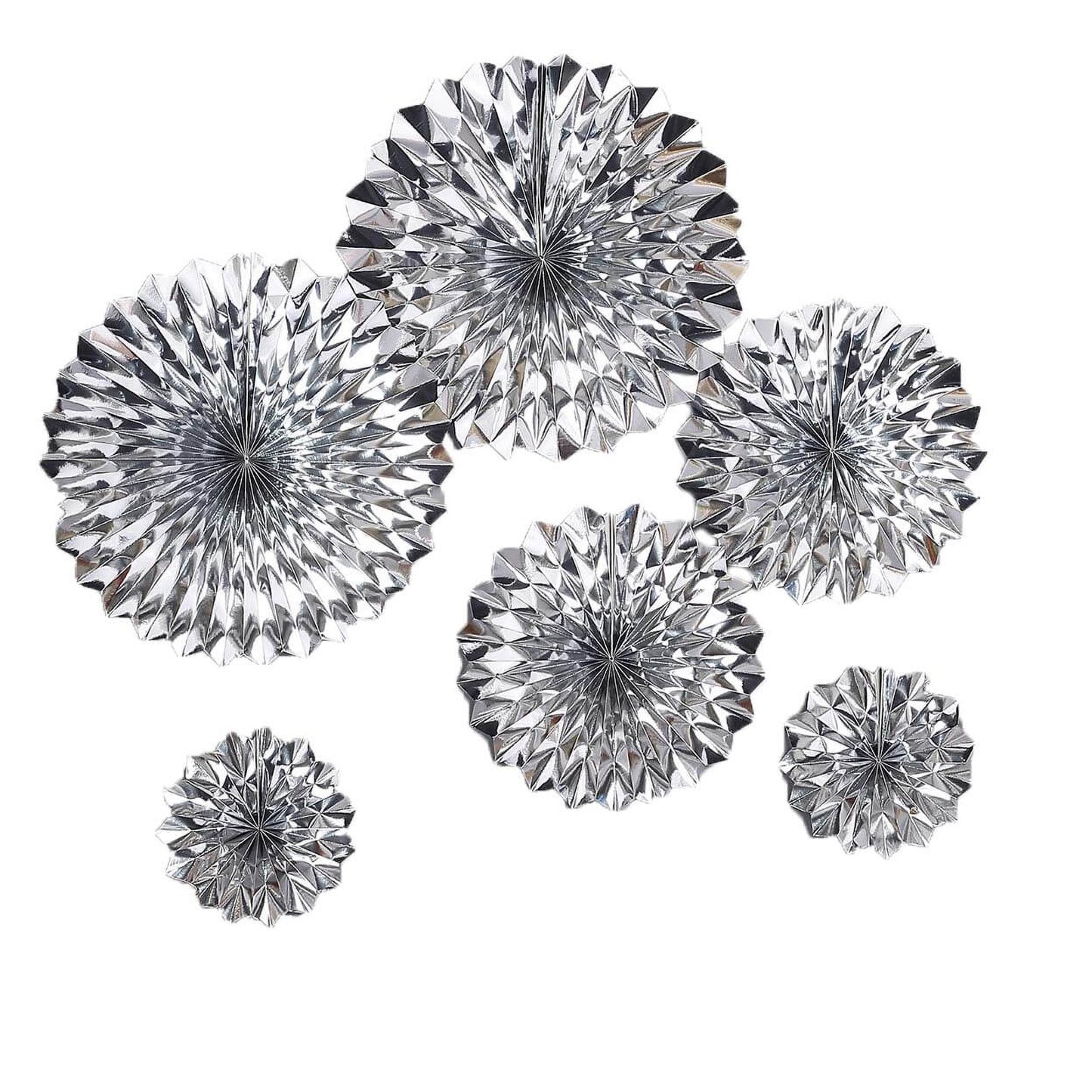 Metallic silver hanging paper fan decorations set of 6.