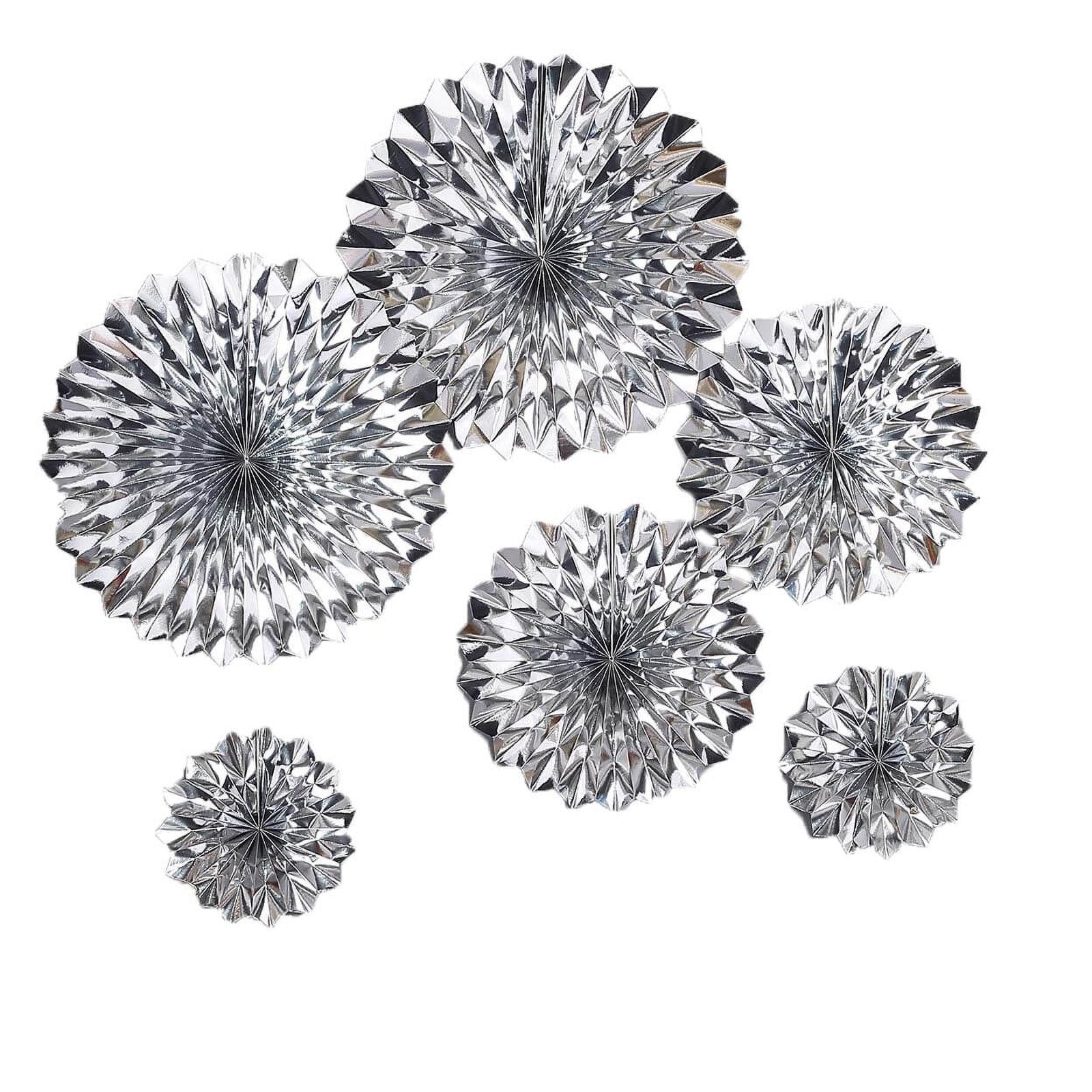 Metallic silver hanging paper fan decorations set of 6.