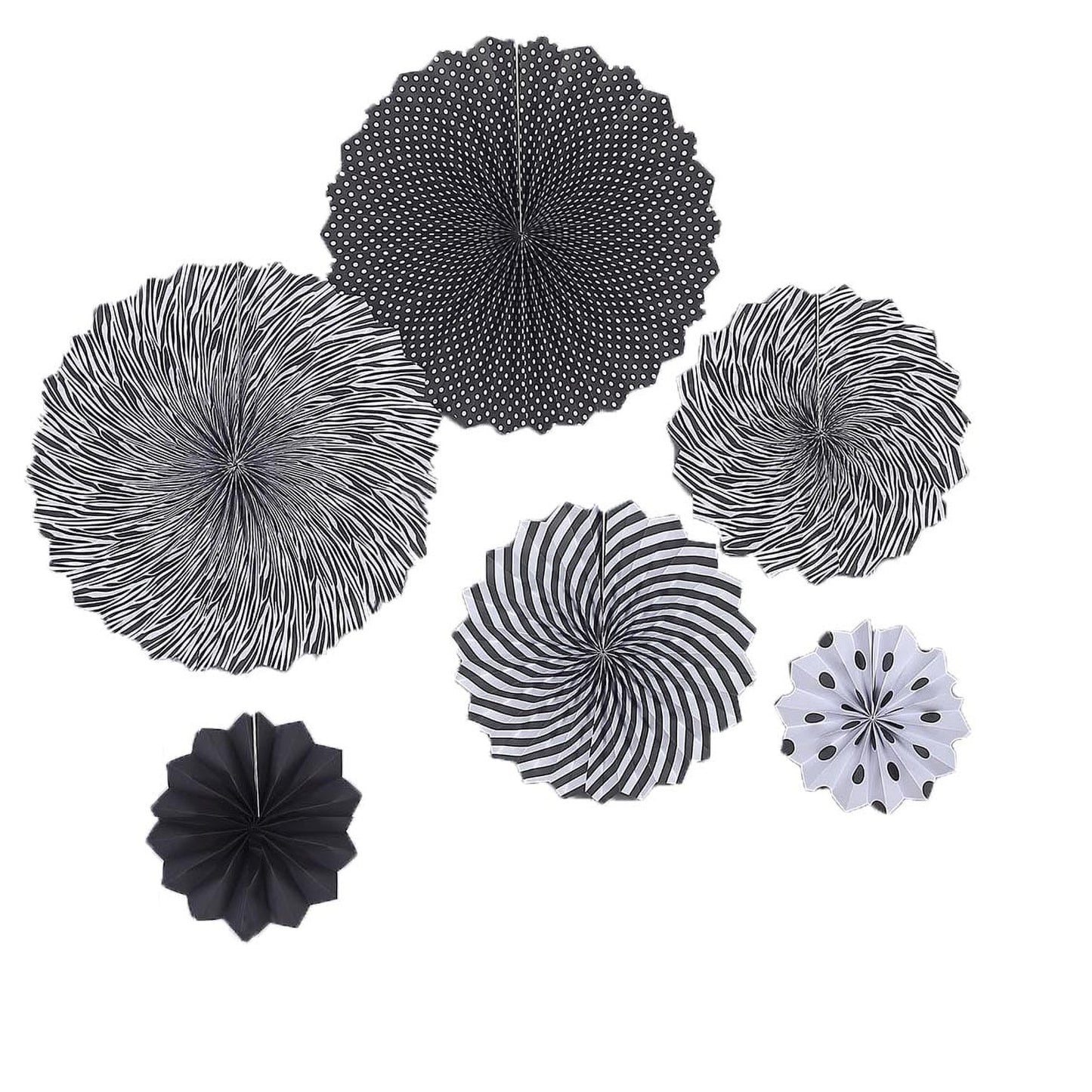 Black and white hanging paper fan decorations set of 6.