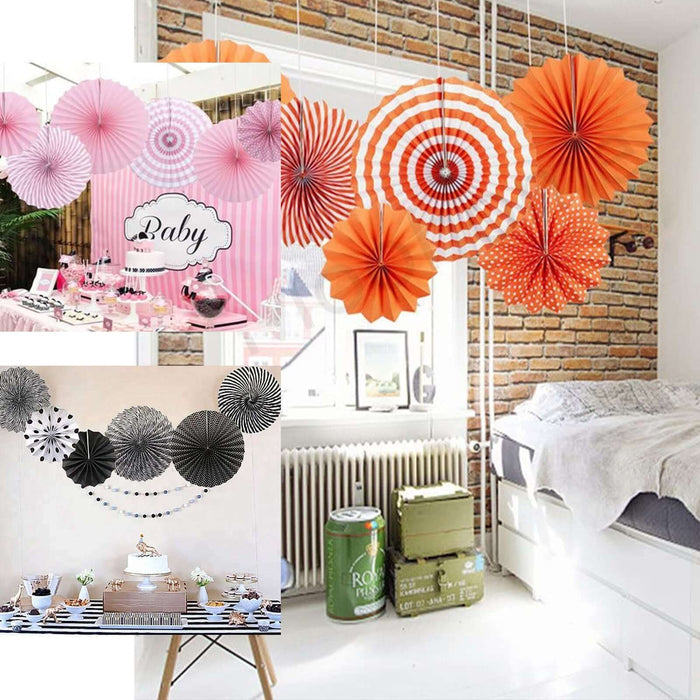 Red hanging paper fan decorations, pinwheel wall backdrop party kit.